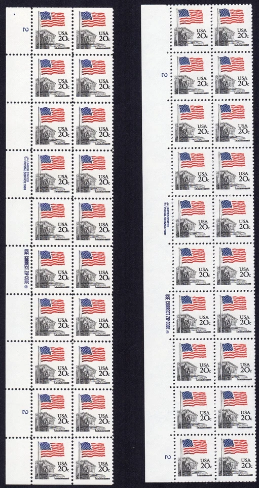 Scott #1894 & 1894e Flag over Supreme Court Plate Block of 20 Stamps - MNH P#2 - Image 1 of 2