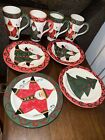 Marco E Christina Set Of 4 Luncheon Plates Christmas & 4 Mugs Hand-painted Italy