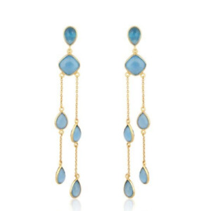Long Chain Earrings Yellow Gold Plated Blue Chalcedony Gemstone Dangle Earring