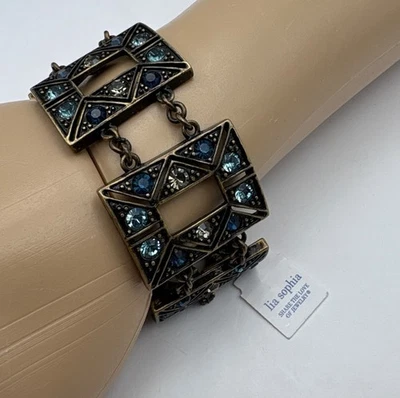 Lia Sophia Chunky Geometric Bracelet Bronze Tone Metal with Blue Rhinestones - Image 1 of 4