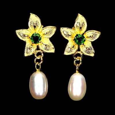 925 Sterling Silver Earrings Round Chrome Diopside Pearl Gemstone Jewelry - Image 1 of 4