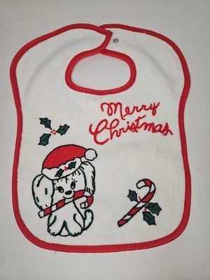 Babero de bebé vintage de tela de rizo de algodón gotas de lluvia Navidad cachorro perro caramelo acebo Foto 1 de 4