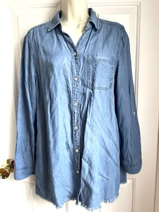 Chico's Shirt Blouse size 1 Luocell Denim Blue Long Sleeves Raw Hemline Button F - Picture 1 of 9