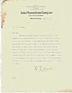 1911 1912 1913 Iowa Mausoleum Company  Letterheads Lot Of 3 F. L. Maytag - Picture 1 of 3