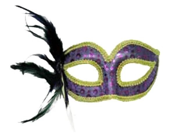 PURPLE SEQUIN VENETIAN STYLE MARDI GRAS MASQUERADE MASK w/ FEATHERS & RHINESTONE - Image 1 of 1
