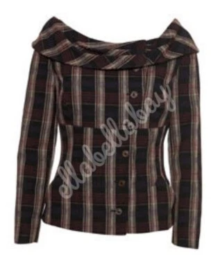 TOPSHOP Black Purple Tartan Boat Neck Asymmetric Button Vintage Fitted Blazer 8 - Image 1 of 4