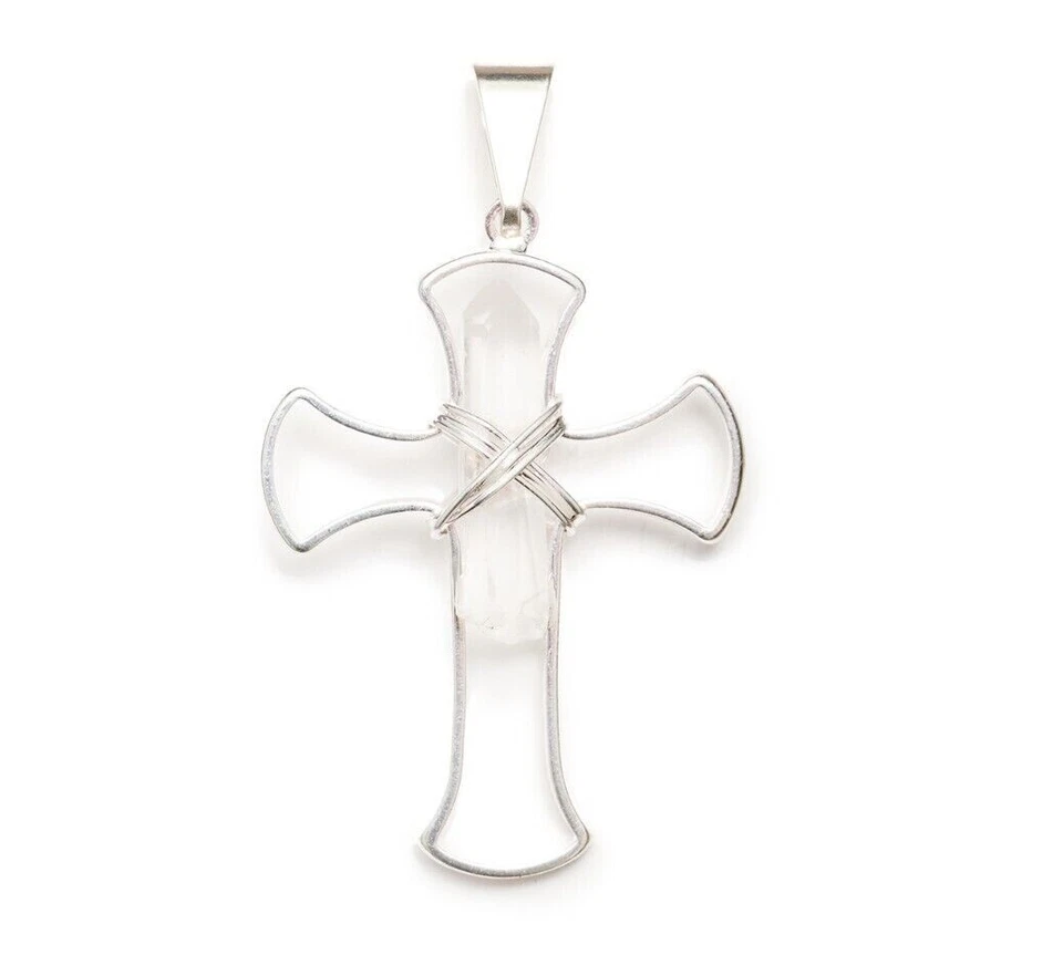 Cruz de Plata con Punta de Cuarzo Transparente Moda Collar Colgante Piedras Preciosas Joyería Foto 1 de 4