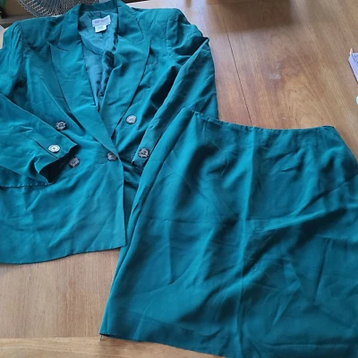 Traje de chaqueta y falda doble botonadura Hugo Buscati vintage años 80 seda verde azulado 12 Foto 1 de 4