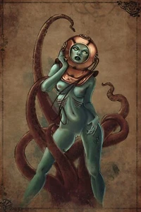 Sea Mermaid Octopus Diving Bell Surreal Art Poster LARGE **SIGNED BY ARTIST** - Picture 1 of 1