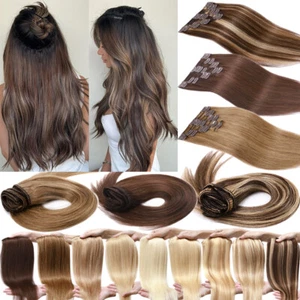 Real Remy Human Hair Clip In Hair Extensions 8Piece Full Head Balayage Highlight - Picture 1 of 64