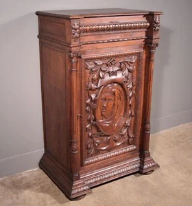 French Antique Solid Oak Wood Cabinet with Highly Carved Virgin Mary Door - Picture 1 of 16