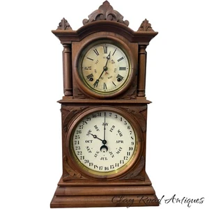 Antique Victorian Double Dial Ingraham Calender Clock Walnut - Picture 1 of 21