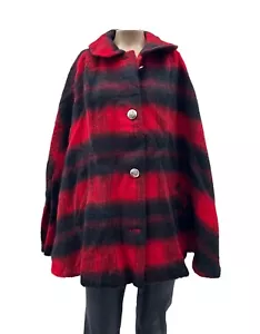 Vintage 60er D.W. Gally Woll Cape Mantel Knopf Jacke rot & schwarz kariert Damen XL - Bild 1 von 9