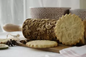 Engraved Wooden Rolling Pin Embossed Rolling Dough Roller Carved Textured - Picture 1 of 12