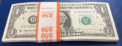 Half Pack of 50x 1995 One Dollar Federal Reserve Notes Consecutive Number #77777 - Image 1 of 3