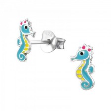 Childrens girls sterling silver blue seahorse stud earrings  - pouch