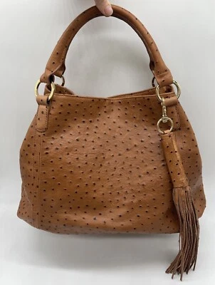 Bolsa de mão GILI conhaque marrom avestruz couro em relevo bolsa grande BOM! - Imagem 1 de 4