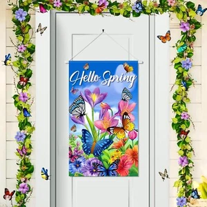 Hello Spring Decorations Colorful Flowers Butterflies Door Sign Gift 19.6"x11.8" - Picture 1 of 12