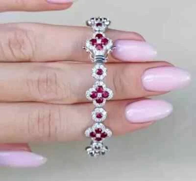 Brazalete Brazalete Rubí Rojo Creado en Laboratorio Corte Redondo 7.40Ct Chapado en Oro Blanco 14k MUJERES Foto 1 de 4