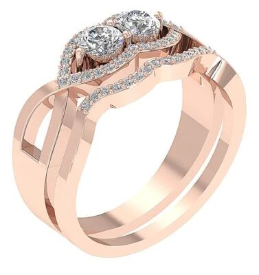 VS F 0.80Ct Lab Grown Diamond 10K Rose Gold Forever Us Two Stone Bridal Ring Set - Image 1 of 4