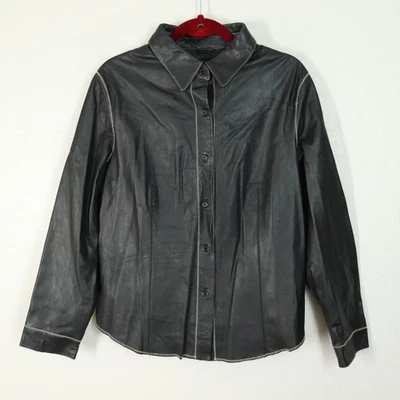 Willi Smith Chaqueta de Cuero Negra Camisa XL Botón Frontal Contraste Puntada en ZigZag Foto 1 de 4