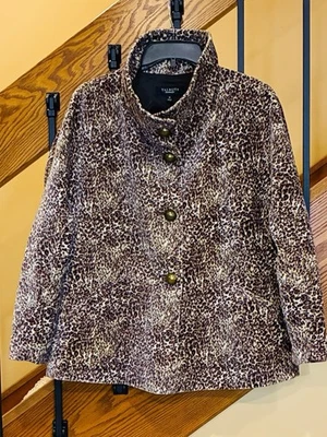 Talbots Velvet Leopard Print Jacket Funnel Neck Large Buttons Pockets SZ. 10 - Image 1 of 4