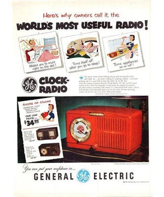 1951 GE General Electric Red Clock Radio Model 517 Vintage Print Ad 50s Wall Art - Image 1 of 2