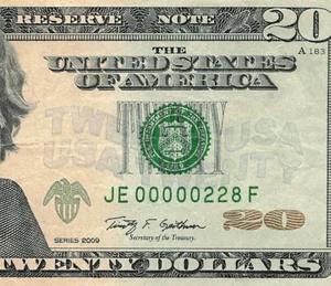 Five Leading Zeros Very Low Serial Number $20 Twenty Dollar Bill JE 00000228F - Picture 1 of 3