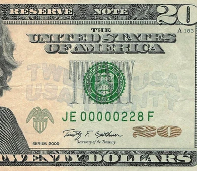 Five Leading Zeros Very Low Serial Number $20 Twenty Dollar Bill JE 00000228F - Image 1 of 3