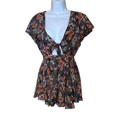 Lulus Dondi Navy Blue Floral Print Romper Small Front Tie Cutout Feminine Boho - Image 1 of 4