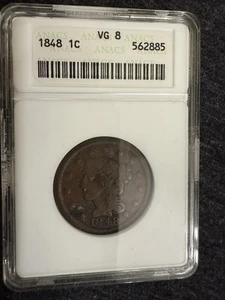 1848 Braided Hair Cent ANACS Net VG-08 OH Soapbox - Picture 1 of 2