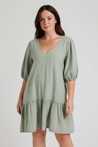 Green Sage Linen Dress Puff Sleeves Size 14 Sportsgirl - Picture 1 of 8