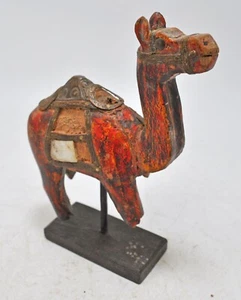 Vintage Wooden Camel Figurine Original Old Hand Carved Metal Fitted - Picture 1 of 9