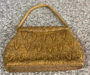 Stephen Chu~Golden~Micro Beaded~Evening Bag~Clutch~Scalloped Trim~1960's - Picture 1 of 3