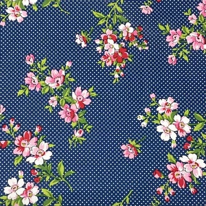 Small Floral Ink Colour Blue Polka Sewing Quilting Cotton Fabric 1/2 Yard - Picture 1 of 2