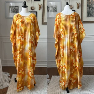 Vintage 70s Accordion Pleat Caftan Kaftan Mumu Gold Orange Brown OSFM - Picture 1 of 6
