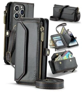 for Wallet Case with Zipper Card Holder & Crossbody iPhone 15 Pro 021-Black - Picture 1 of 7
