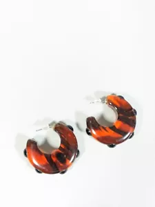 Brown Black Acrylic Round Chunky Hoop Pierced Earrings Faux Tortoise - Picture 1 of 7