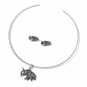 PENDIENTES SUIZOS DE ELEFANTE DE ACERO INOXIDABLE MARCASITA Y COLLAR COLGANTE DE 16" .93CT  - Imagen 1 de 6