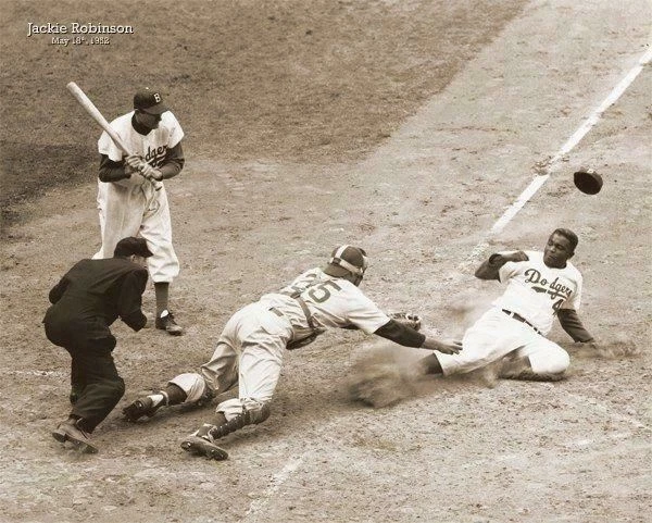 Jackie Robinson Steals Home Base Brooklyn Dodgers Sepia Poster 16 x 20 - Image 1 of 1