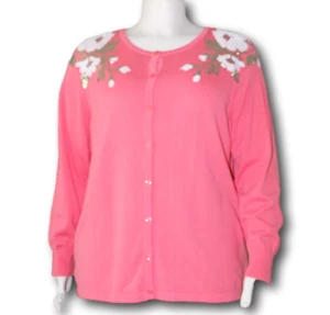 BOB MACKIE (1X) Sequin Floral Applique Cardigan Coral - Picture 1 of 4