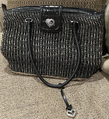 Bolso de Hombro Vintage Brighton Rafia Tejido Paja Negro/Tostado Doble Asa Foto 1 de 4