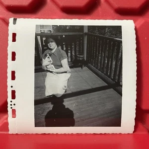Girl Holding Boston Terrier On Deck 3 3/4 x 3 1/2 Photograph Vintage 1950s - Picture 1 of 2