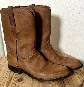 Lucchese Mens Brown Thick Leather Roper Cowboy Boots Western Size 10 D Vintage - Picture 1 of 13