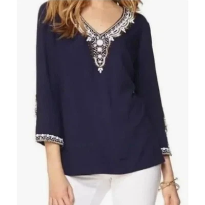 Lilly Pulitzer Braydon Tunic XS Navy Blue Beaded Embellished Jewelled Retro Glam - Image 1 of 4