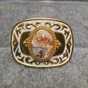 Vintage Belt Buckle Western Gold-tone White Enamel Picture Framed Stone - Picture 1 of 14