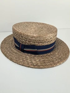 Vintage Straw 1930’s Stetson Boater Size 7 Skimmer Stiff Hat Fedora Ribbon - Picture 1 of 8