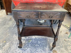 Vintage Antique Brown Wooden Side Hall Table with Drawers & Castors Trolley - Picture 1 of 12