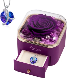 Preserved Real Purple Rose with Heart Necklace, Forever Flowers Gifts for Mom Gr - Picture 1 of 7