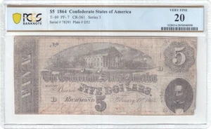 1864 $5 Confederate States of America Pcgs Vf 20 T 69 Pf 7 - Picture 1 of 4